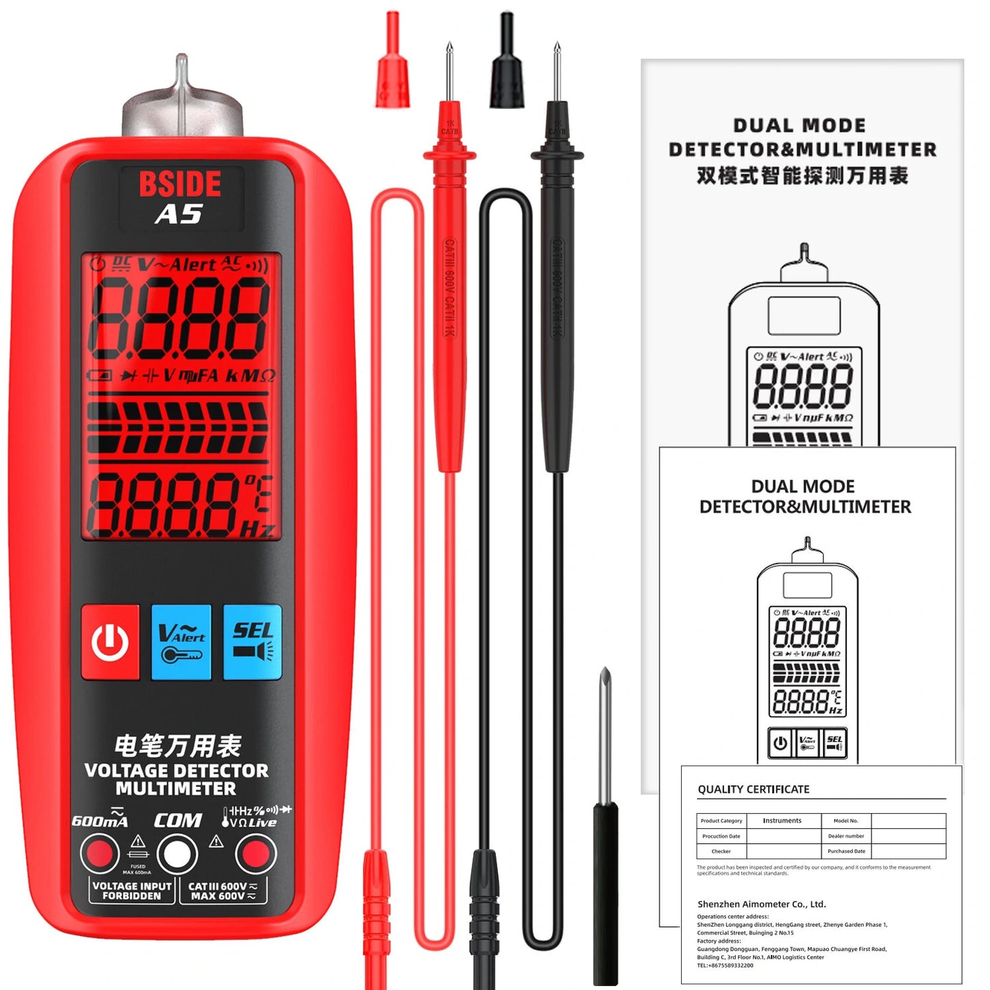 BSIDE A5 Professional Pocket Digital Multimeter - Voltmeter, Current, VFC, Voltage, Capacitance, Diode, Ohm, Hz, Live Wire Tester