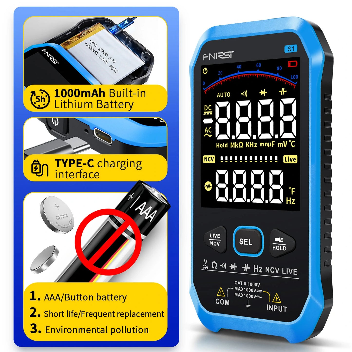 FNIRSI-S1 9999 Counts Digital Multimeter with AC/DC Voltage, Resistance, Capacitance, Diode, NCV, Hertz, Live Wire Testing, and Thermocouple