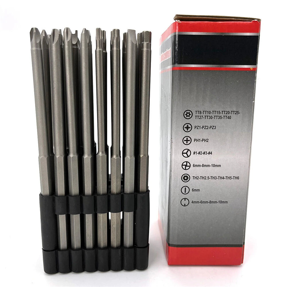 32-Piece Extended Drill & Screwdriver Bit Set – Hex, Phillips, Slotted, Carbon Steel