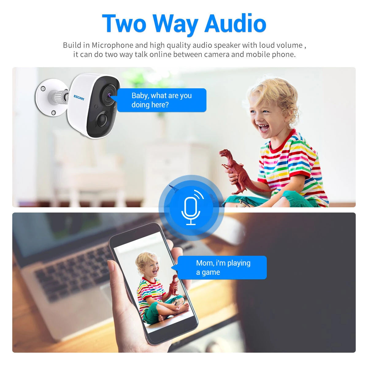 ESCAM G14 3MP HD WiFi IP Camera with AI Recognition, H.265, Rechargeable Battery, PIR Motion Detection, Cloud Storage, Night Vision, Two-Way Audio