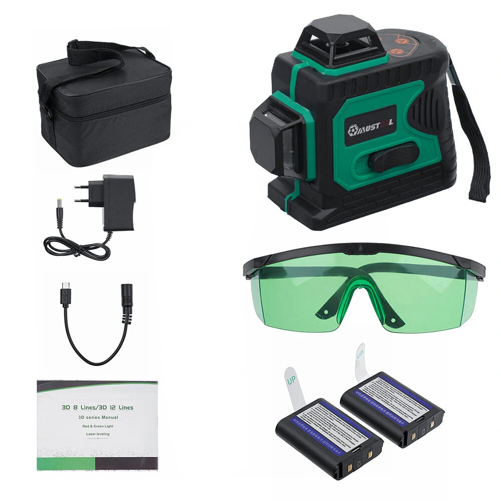 3D Green Laser Level 12 Lines 360° with 2 Batteries - MUSTOOL Auto Level Tool