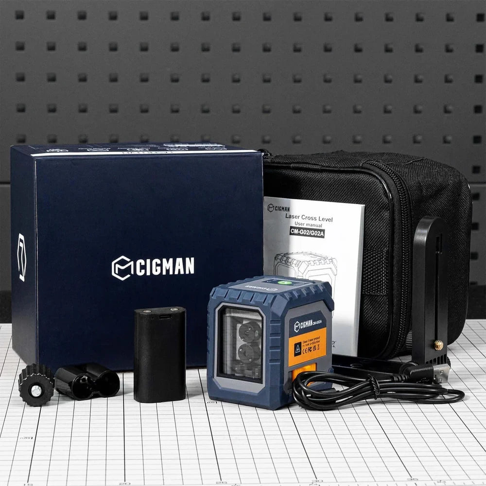Rechargeable CIGMAN CM-G02/CM-G02A Green Laser Level Tool, 2-Line High Accuracy, 30M Range, IP54 Waterproof (510-530nm)