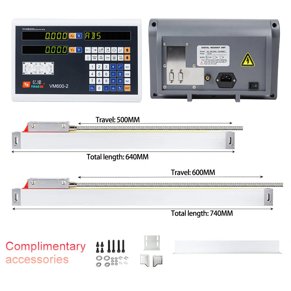 YHSINO VM600-2 Digital Readout with YE Grating Scale, 2 Axis, 80V-240V Power, 15W, Long-Lasting, Compatible with Various Lengths, High Efficiency & Protection