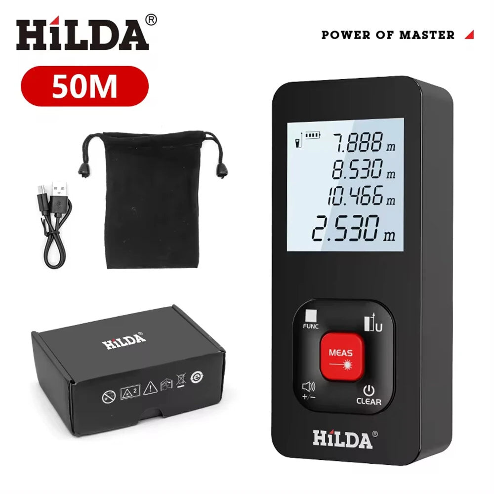 HILDA Laser Distance Meter 50m/100m/120m ±2mm Precision, LCD Backlight, Type-C Battery