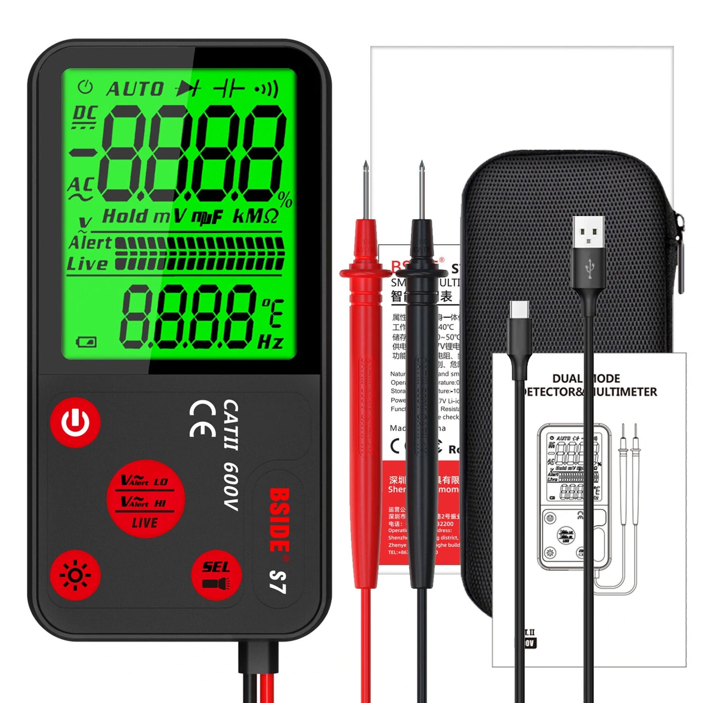 BSIDE S7 Smart USB Charge Multimeter - Professional Digital AC/DC Voltage Tester with Auto Range, Resistance, Hz, NCV, True RMS