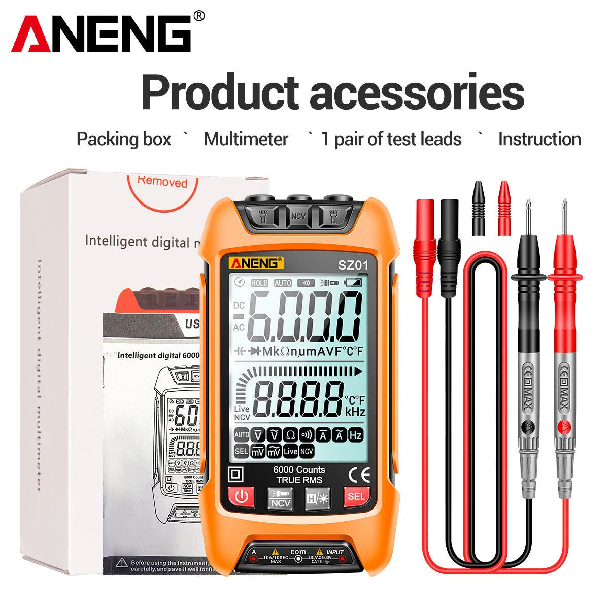 ANENG SZ01 True RMS Digital Multimeter, 6000 Counts, Auto Range, High Precision Resistance & Frequency Tester