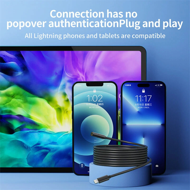iOS Endoscope Camera 8mm for iPhone - Flexible, IP68 Waterproof, 8 LED Borescope