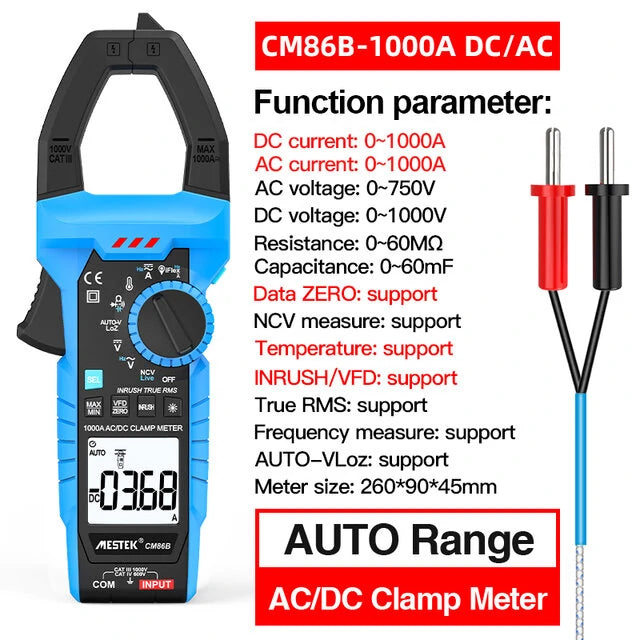 Mestek CM86B High Precision 1000A True RMS Digital Clamp Meter Multimeter for DC/AC Current Voltage Testing