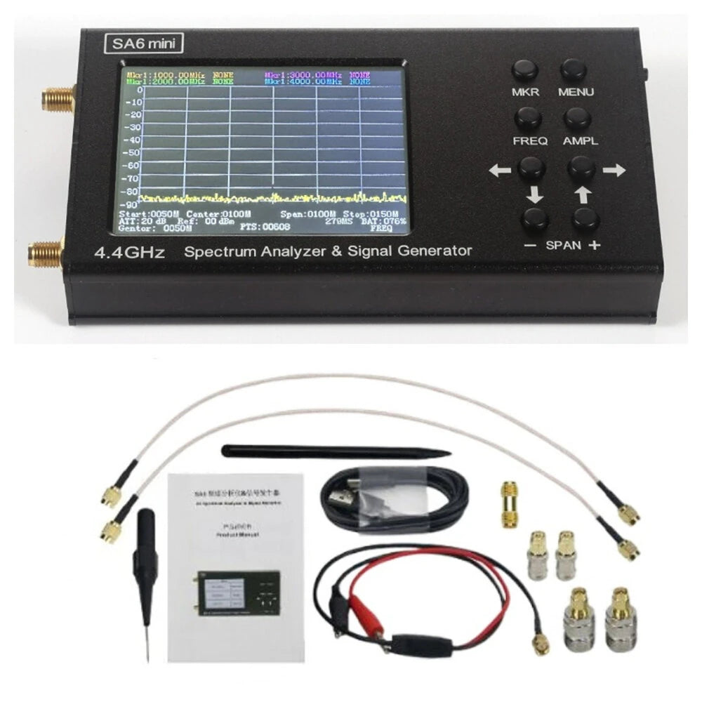 SA6 Mini Spectrum Analyzer 35-4400MHz Signal Tester, Fast Scan, 75dB Range, 4355MHz Bandwidth, 3000mAh Battery