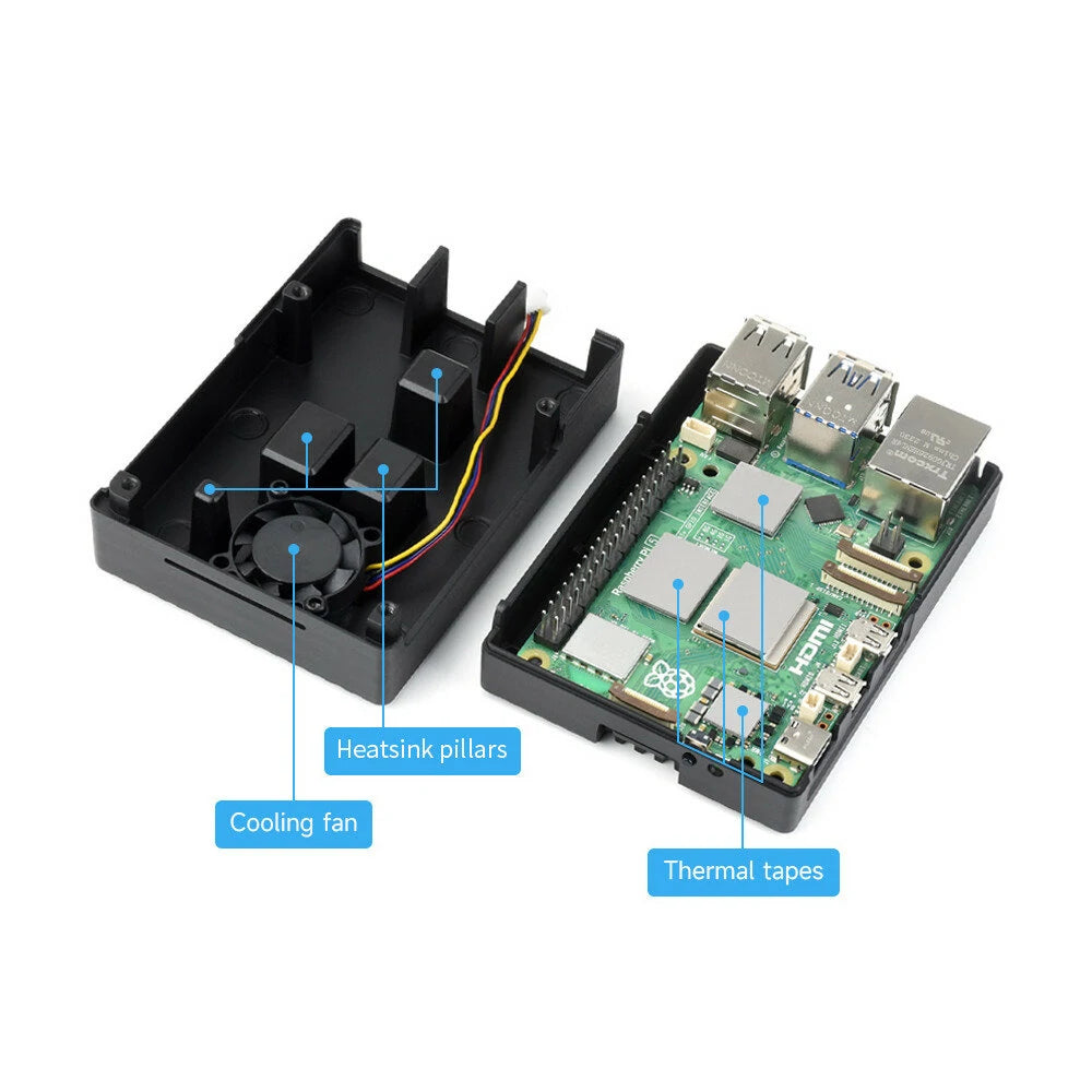 Raspberry Pi 5 Aluminum Case with Grooved Design, Built-In Fan & Heatsink