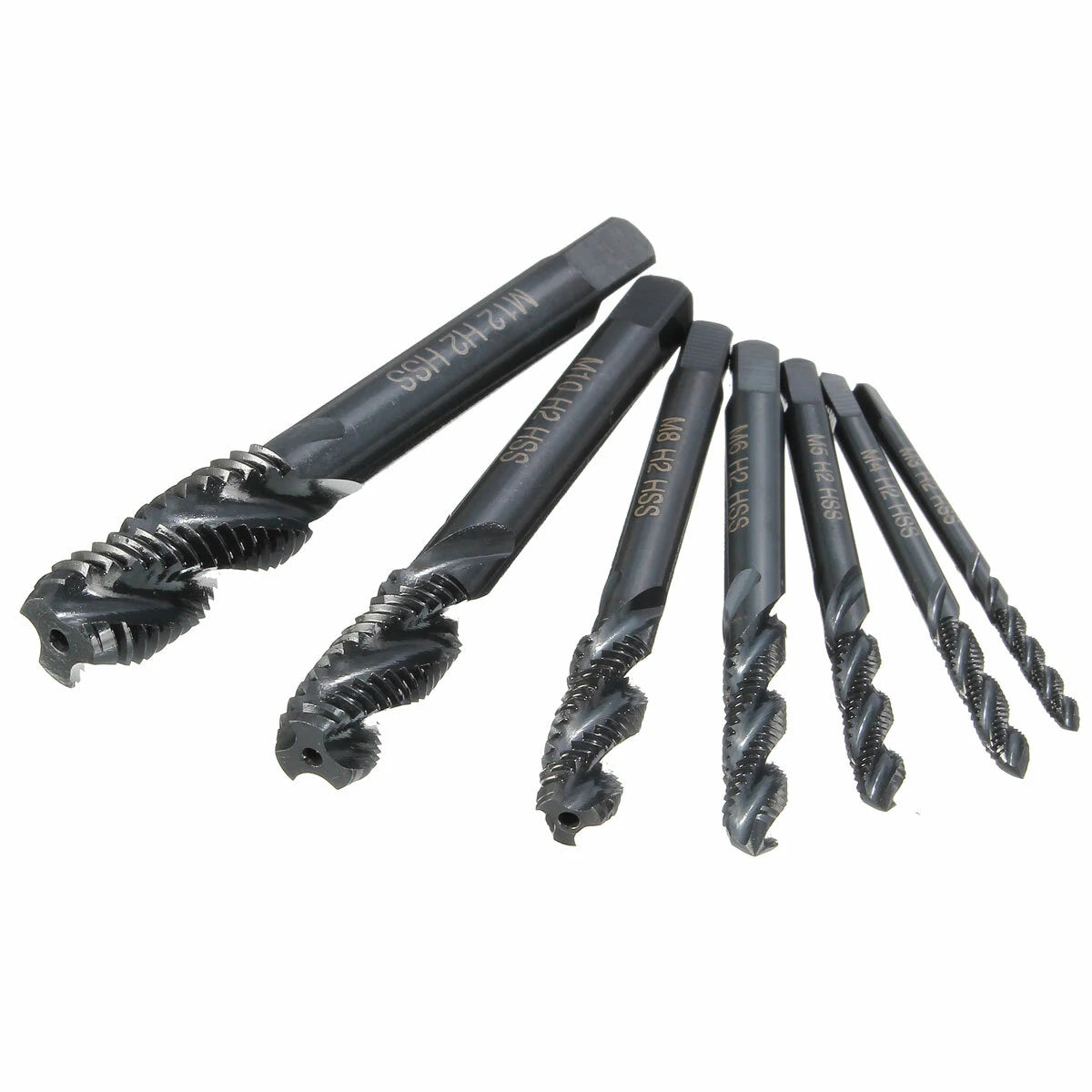 Drillpro 7pcs HSS Nitriding Coated Metric Spiral Screw Tap Set (M3-M12)