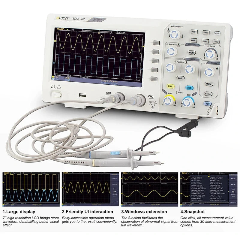 OWON SDS1202 200MHz Digital Oscilloscope - 1GS/s, 7-inch LCD, USB Compatible, High Accuracy, Ideal for Lab Analysis