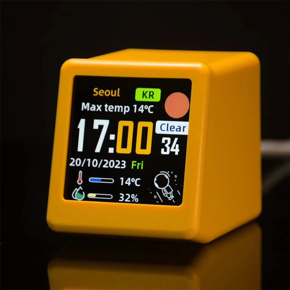 Compact DIY Smart WiFi Weather Clock with GIF Display & Theme Options - USB-C Powered Desktop Décor for Gamers Worldwide