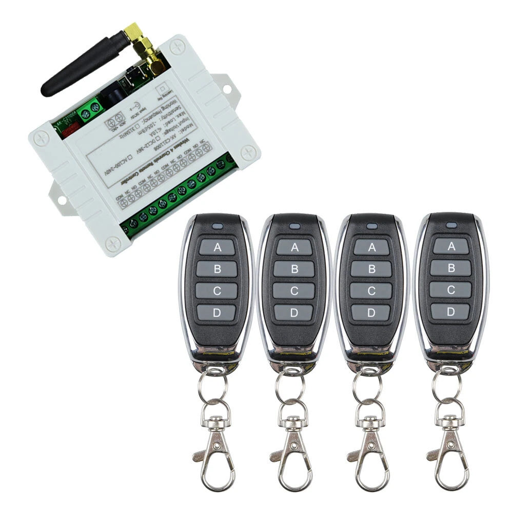 4CH Long Range RF Wireless Remote Switch & Receiver Set with Sucker Antenna (12V/24V/36V)