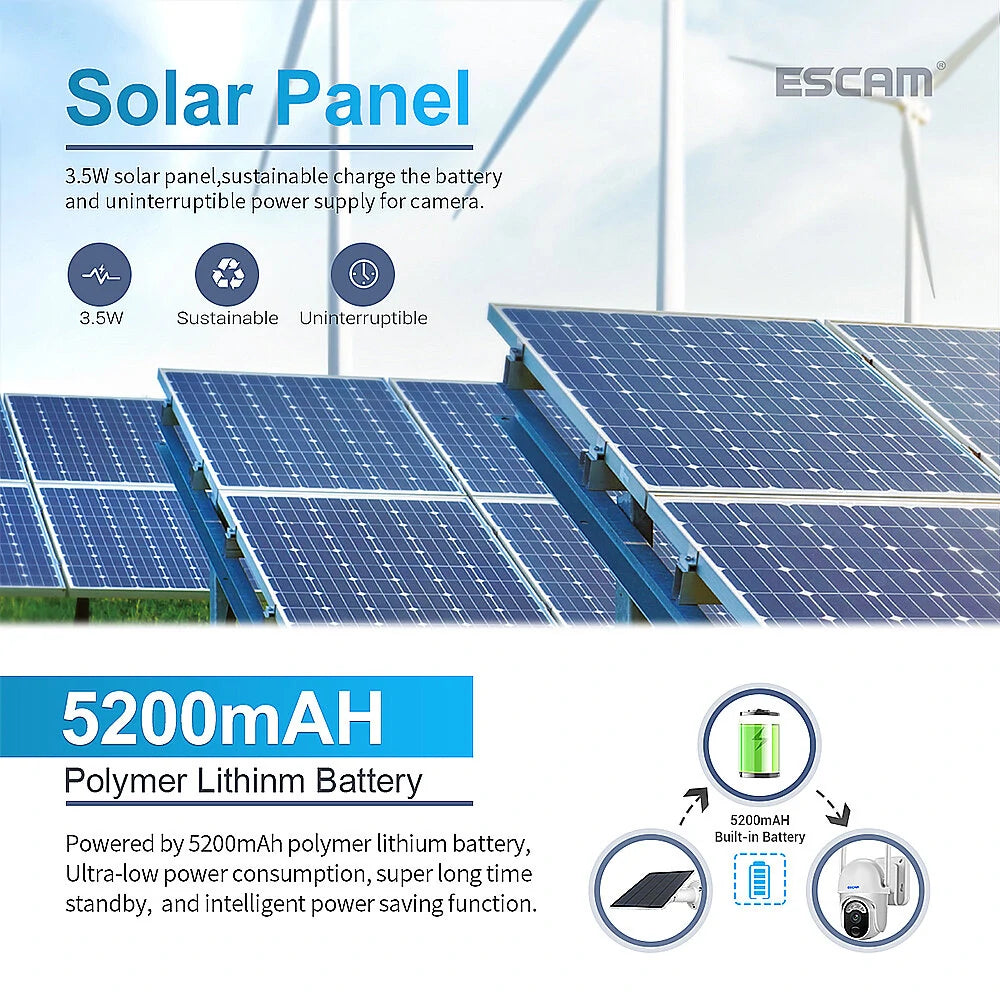 ESCAM QF103 3MP Solar-Powered WiFi IP Camera, Wireless PTZ, Night Vision, Human Detection, Two-Way Audio, IP66 Waterproof PIR Alarm for Home Security