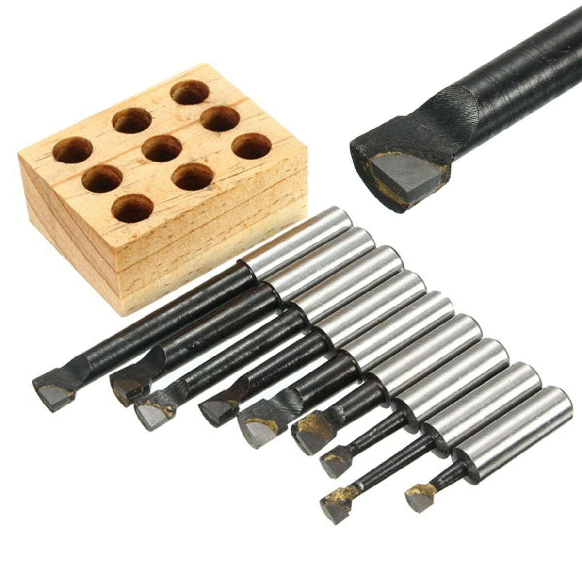 9-Piece Carbide Tipped 12mm Shank Boring Bar Lathe Tool Set - Flat End Rod