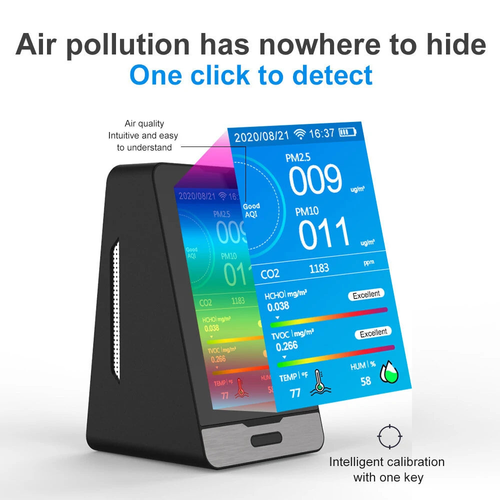4.3 LED Display WiFi Air Quality Monitor: PM2.5/PM1.0/PM10, Temperature & Humidity, CO2, HCHO, TVOC Gas Tester