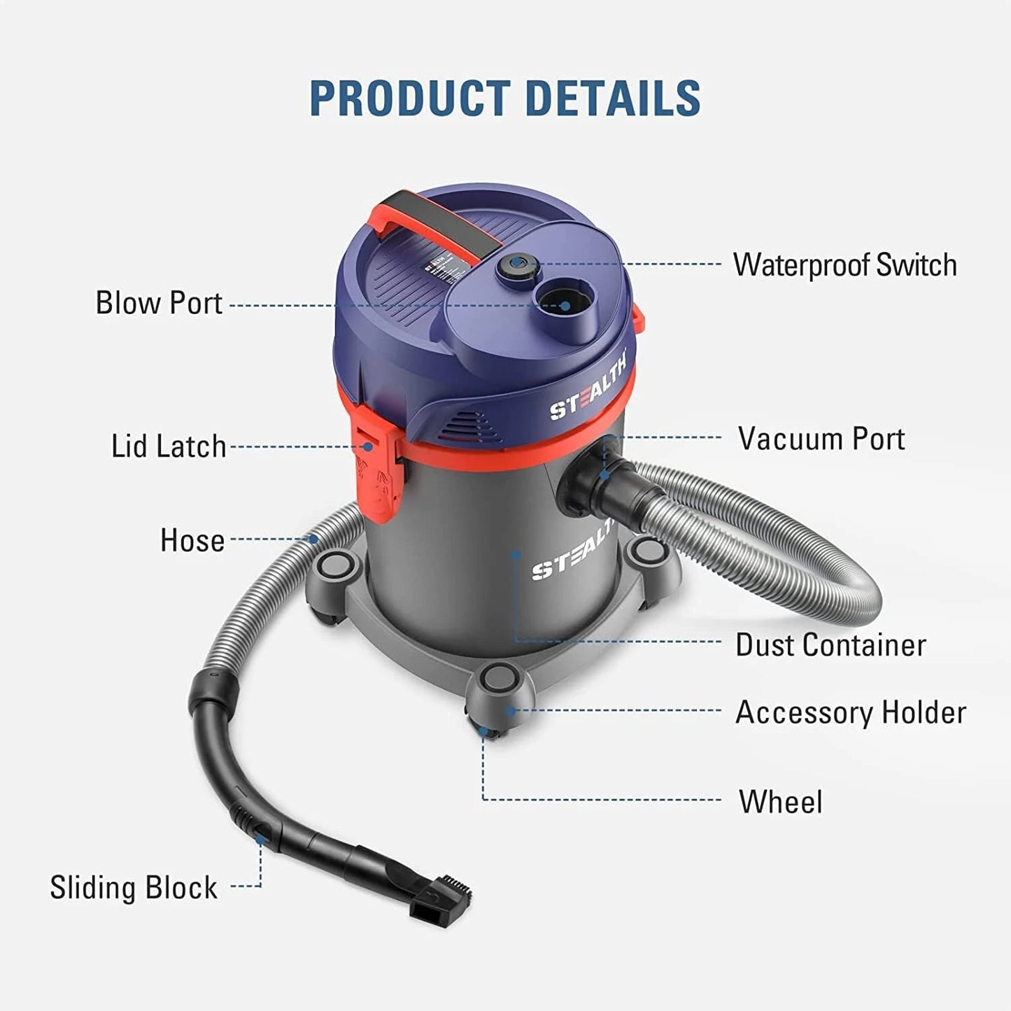 STEALTH 3-in-1 6 Gallon Wet Dry Vacuum, 5.5 HP Motor, EMV052, Powerful Portable Shop Vacuum with Blower for Home, Garage, Basement, Workshop - USA Direct
