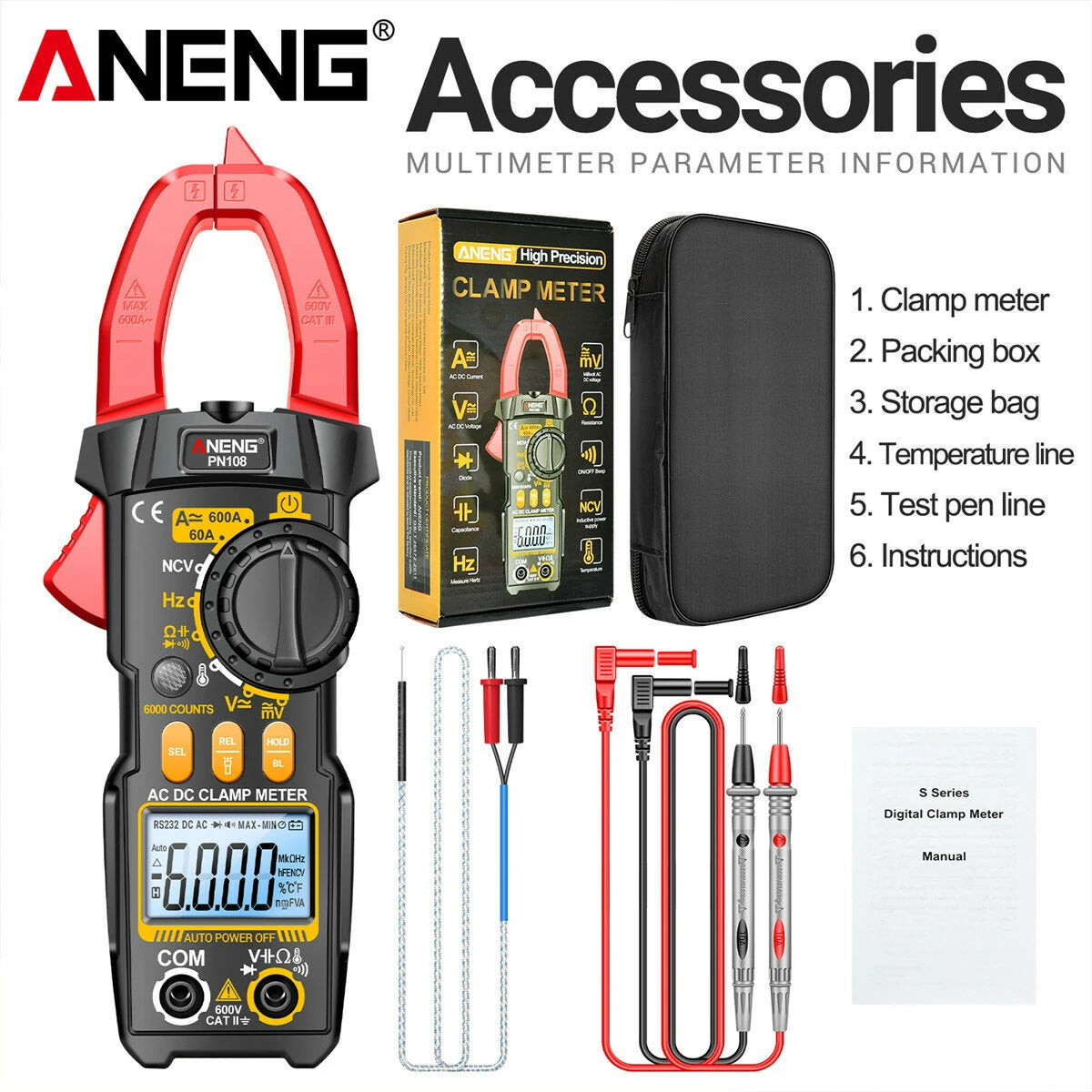 ANENG PN108 Clamp Meter | High-Precision 600A/600V AC/DC Voltage & Current Tester | Auto Power Off | Backlit Display
