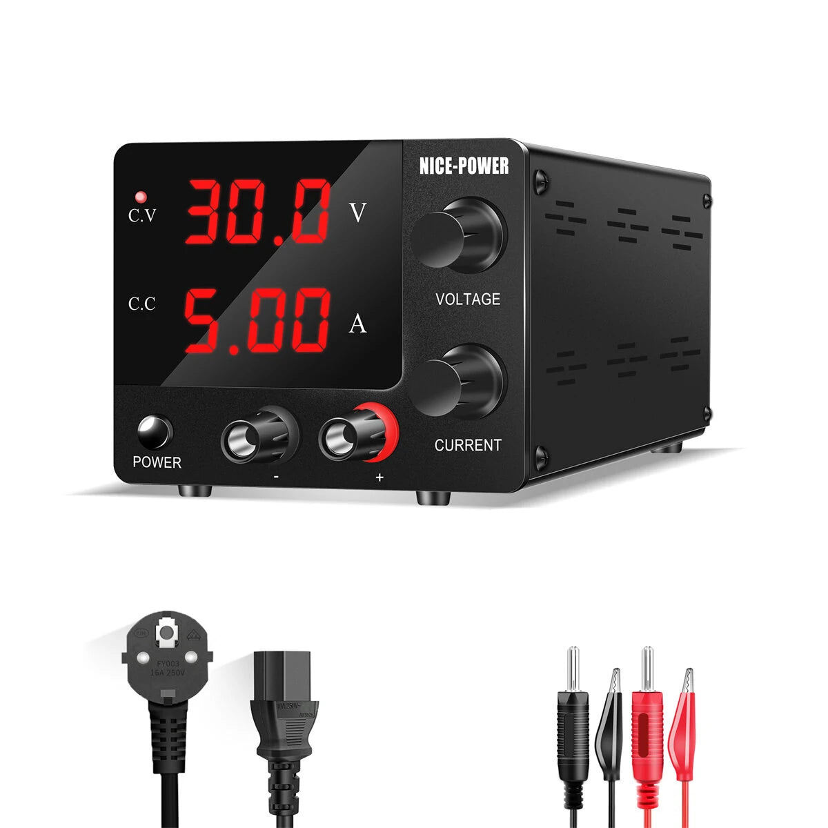 Mini Power Supply NICE-POWER SPS-E305: 0-30V 0-5A, High-Precision Encoder, Sleek Black Design, Stable DC Output