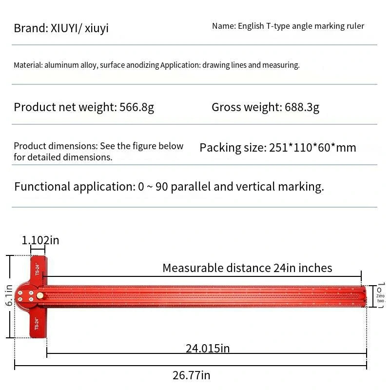 Aluminum Woodworking Ruler with 0-90° Angle Marking - Precise Imperial Measurements