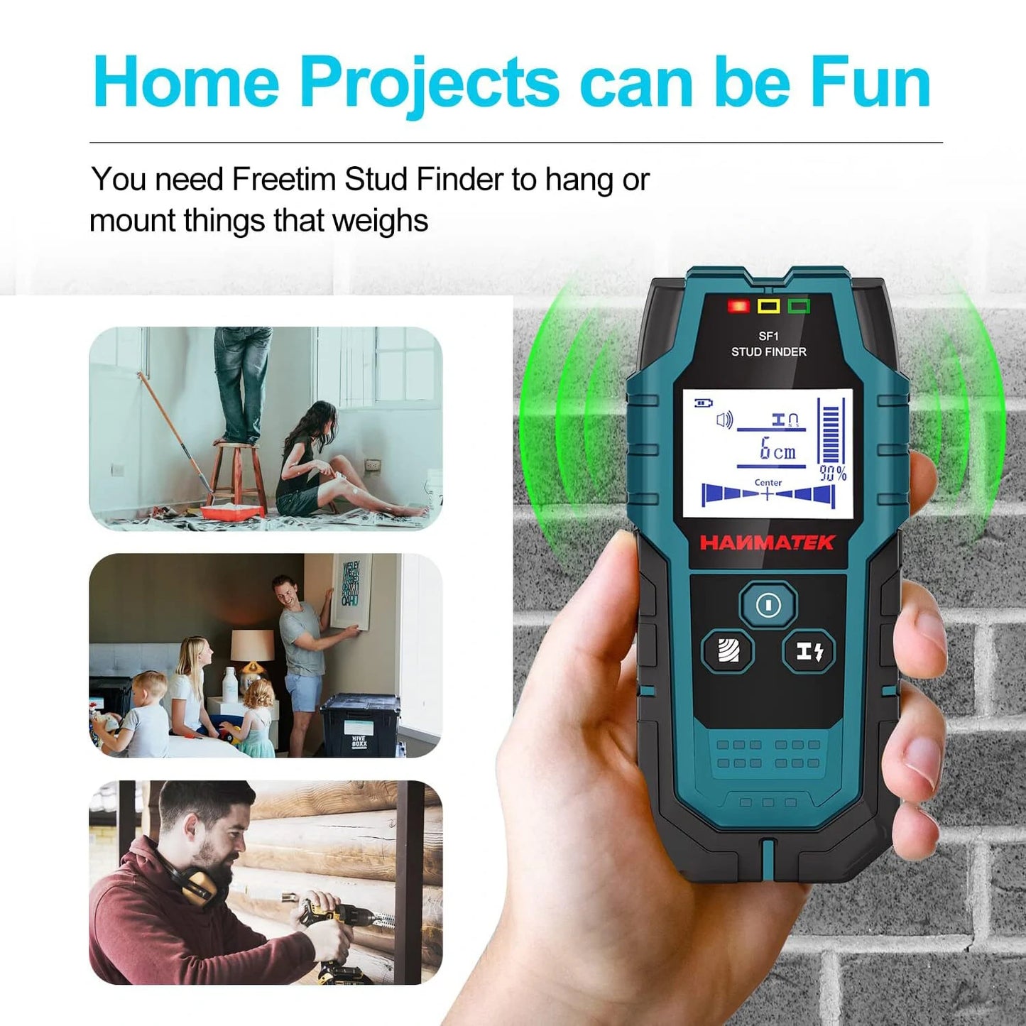 HANMATEK SF1 5-in-1 Professional Stud Finder Wall Scanner with HD LCD & Audio Alarm - Detects Metal, Wood, AC Wires