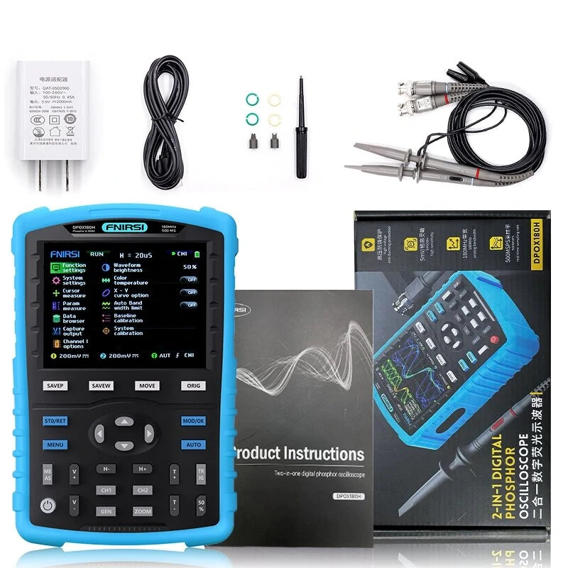 FNIRSI DPOX180H 180MHz Handheld Phosphor Digital Oscilloscope - Dual Channel 20MHz Signal Generator, 50000wfms/s, ZOOM XY FFT