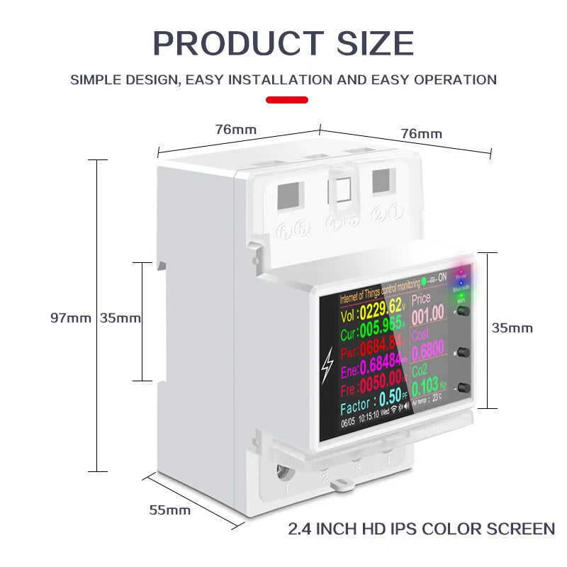 AT4PW 100A Tuya WiFi Din Rail Smart Switch - Remote Control, Digital Power Meter: Volt, Amp, kWh, Frequency - AC 220V/110V