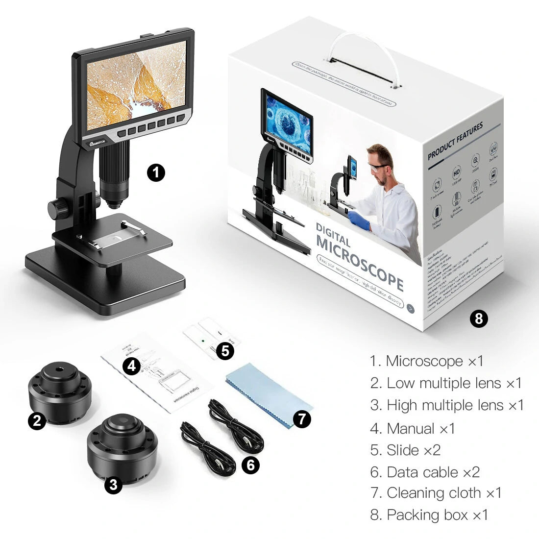 MT315 2000X Dual Lens Digital Microscope - 7-inch HD IPS Screen for Circuit/Cell Observation with Adjustable Light & PC Support