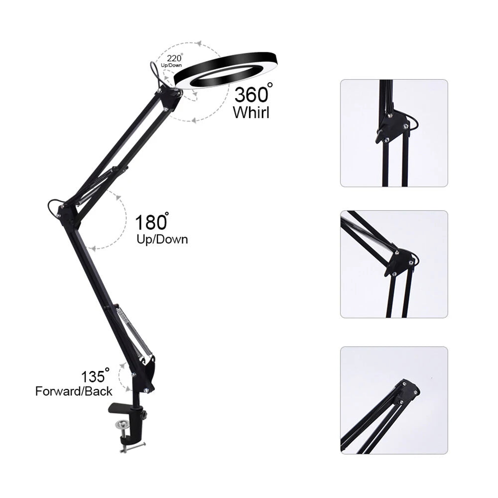 Adjustable LED Magnifying Lamp with 5X Magnification, USB Powered, 3 Light Colors, 33cm Flexible Arm