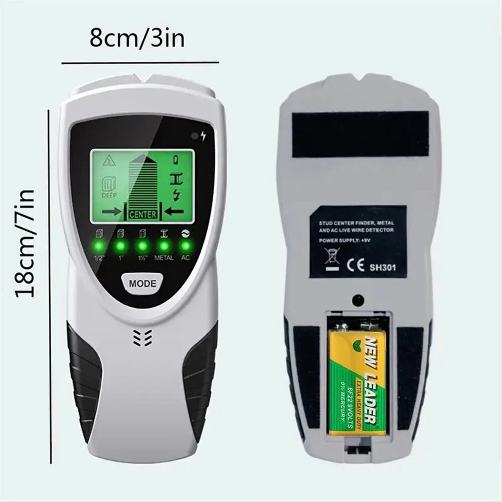 5-in-1 Multifunctional Detector for Studs, Metal, Live Wires & AC Current with LED Display, CE Certified, Battery Operated, Home Improvement Tool