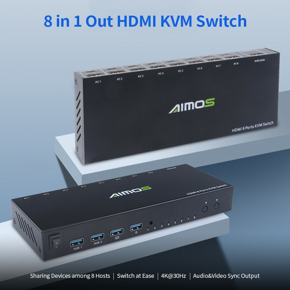 AIMOS 8-Port HDMI KVM Switch for Monitor/Keyboard/Mouse/Printer - 4K@30Hz Audio/Video Sync - Black