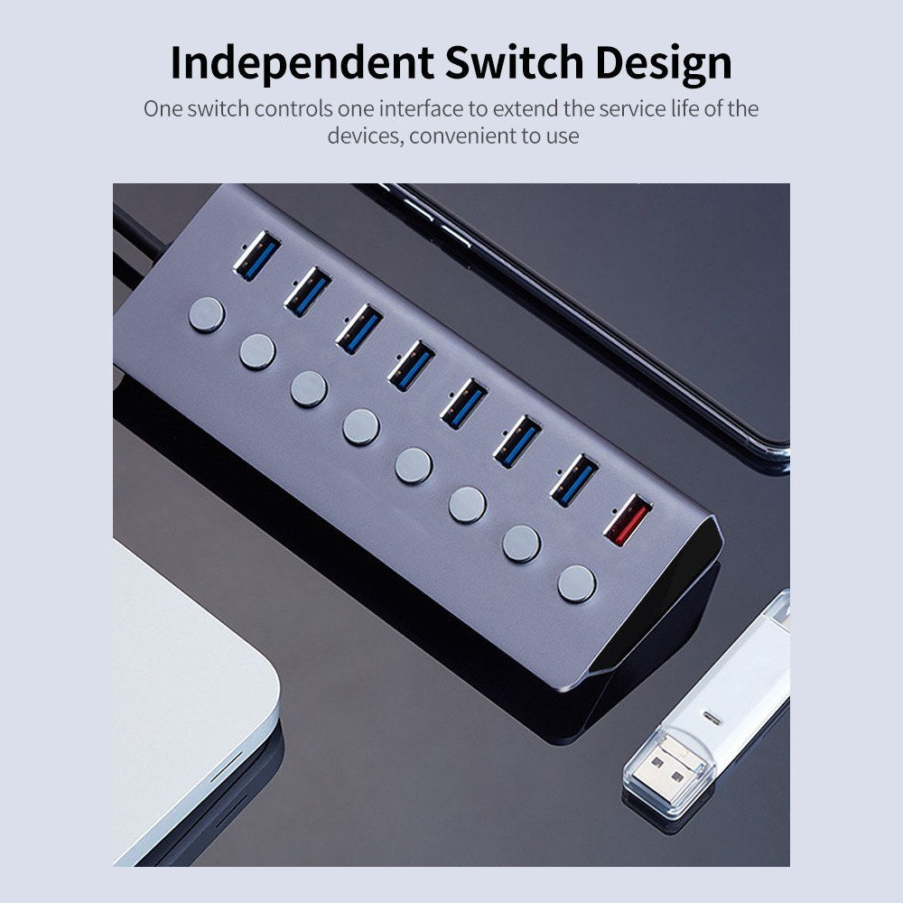 8-Port USB Hub with 7 USB 3.0 Expansion Ports & 1 Charging Port, Independent Switches, US Plug