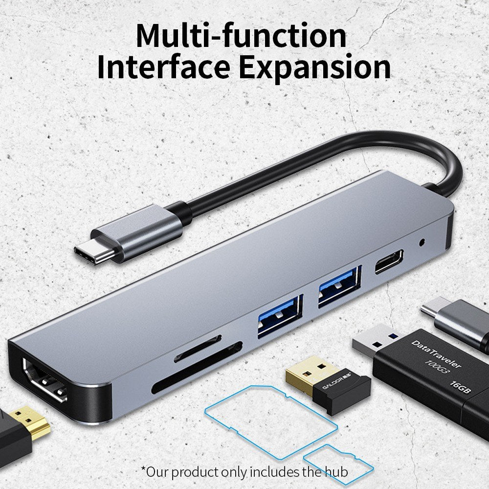 6-in-1 Type-C Hub: Aluminum Alloy Converter with HD, USB 2.0, USB 3.0, PD Ports, TF & SD Card Slots