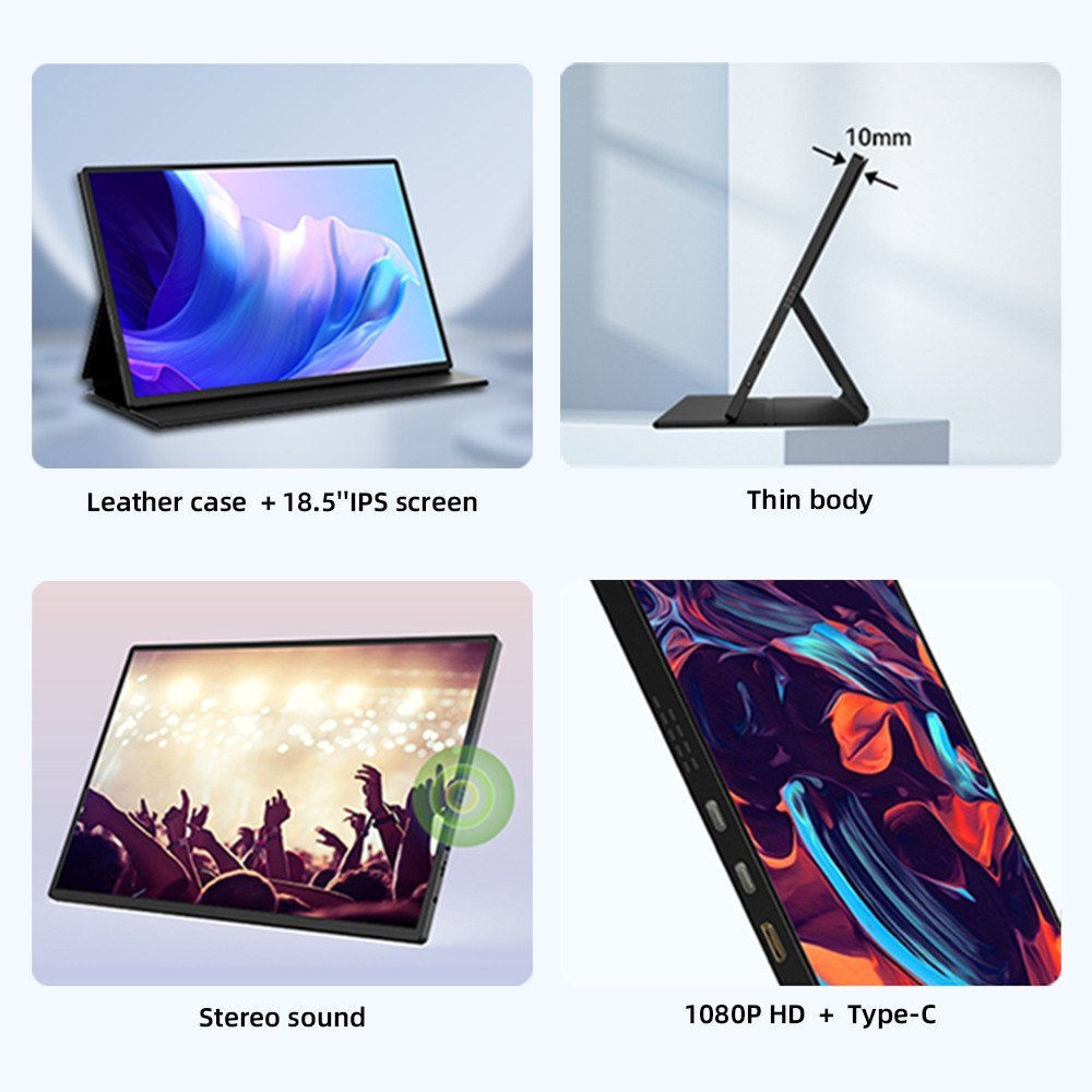 Portable 18.5 IPS Monitor, 1080P FHD, 178° Viewing, 60Hz, Type-C/HD/3.5mm Ports - Compatible with Laptops, MacBooks, Tablets, Phones