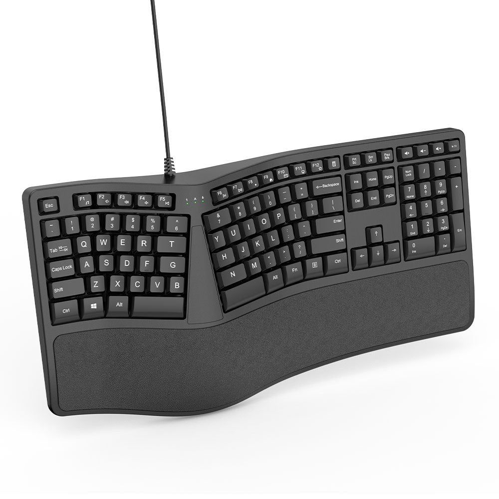 Black Ergonomic Wired Keyboard K110 – Arched Design, Curved Keys, Padded Palm Rest, Full Size, 110 Keys for Business Office
