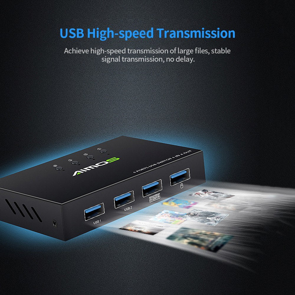 USB Switcher Hub, AIMOS AM-404K 4-Port for Printer, Keyboard, Mouse, U Disk, HDD Controller - Black