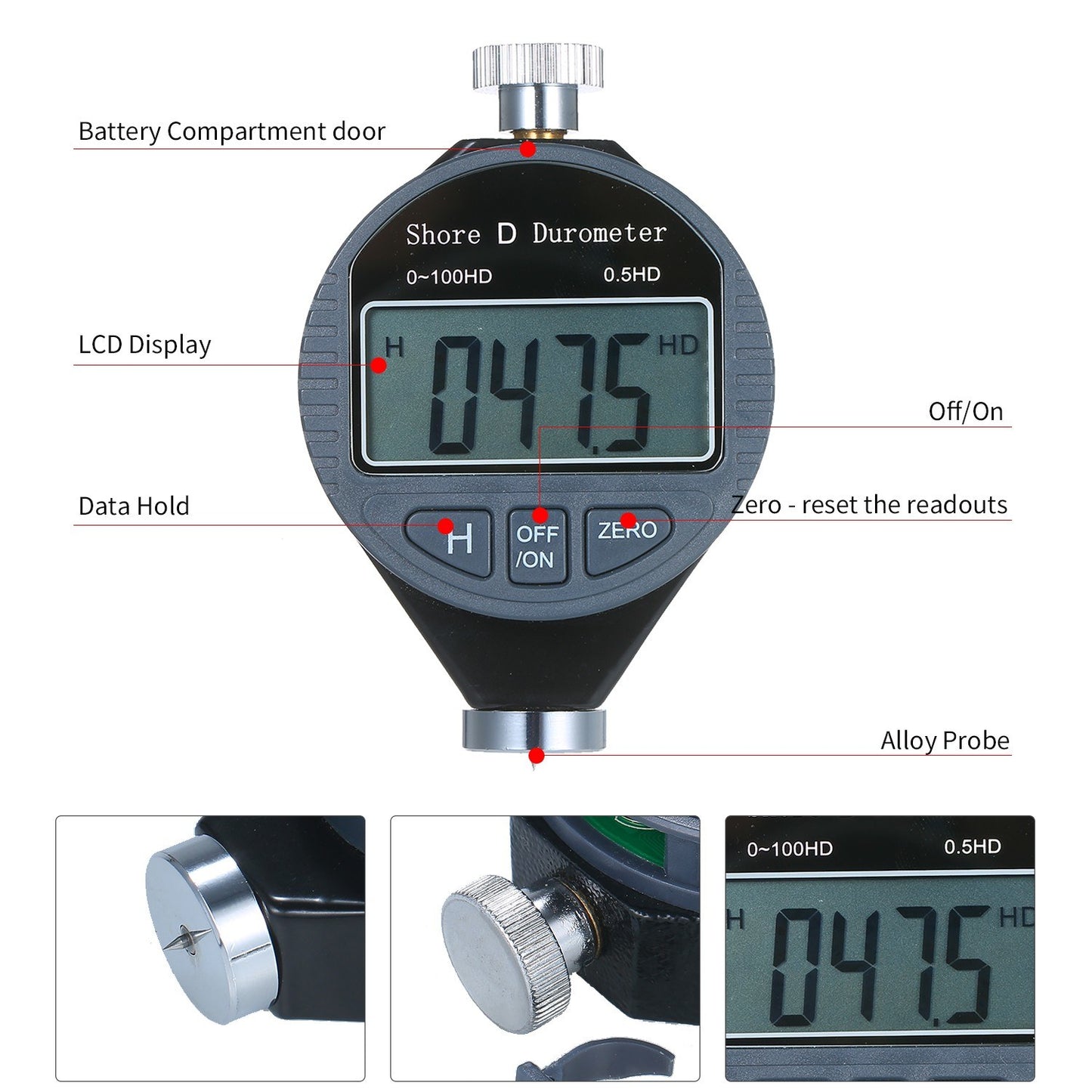Digital Shore D Hardness Tester Meter for Rubber, Tire, Plastic, Flooring - Portable 0-100HD Durometer with Large LCD Display