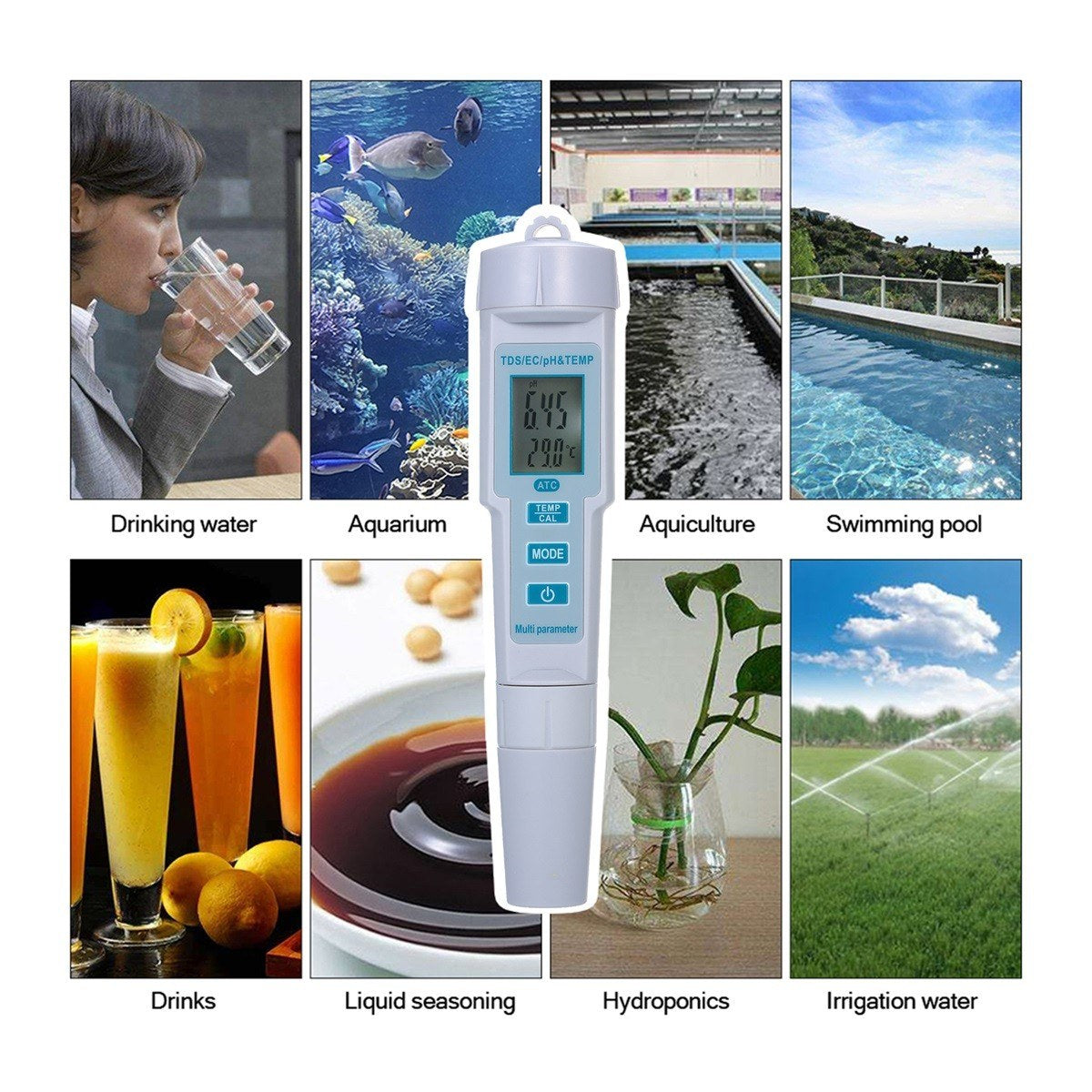 4-in-1 Water Quality Tester: pH, EC, TDS & Temperature Meter, IP55 Waterproof, Auto Shutdown, Backlit Display - White PH-686