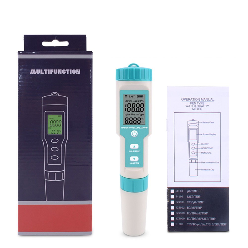 7-in-1 Water Quality Tester: PH/TDS/EC/ORP/Salinity/Temperature with Replaceable Electrode C-600, for Pools, Drinking Water, Aquariums - Backlit Display