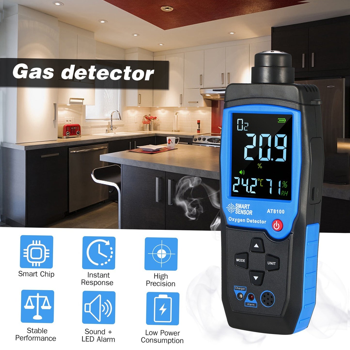 USB Rechargeable Handheld Digital Oxygen Detector with LCD Display, Adjustable Alarm & Auto Power Off for Automotive, Tunnels, Laboratories & Industry