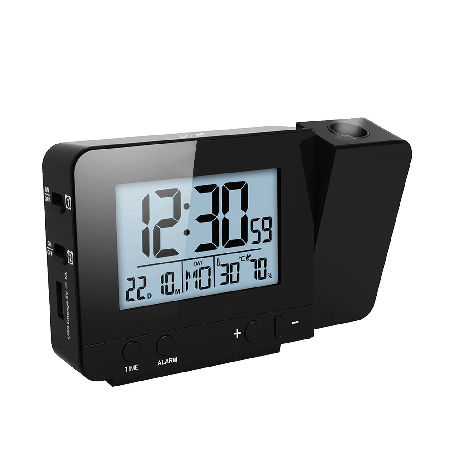 Digital Projection Alarm Clock with Thermometer & Hygrometer, 180° Rotatable Ceiling Display, Dual Alarms, Dimmable LED, USB Charger, 12/24H Snooze