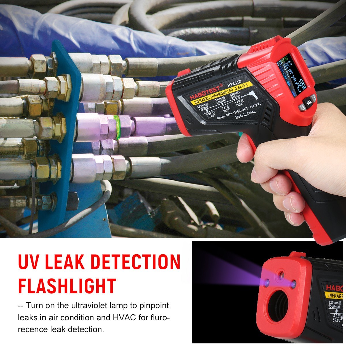 Multifunctional Infrared Thermometer with K-Type Thermocouple, UV Leak Detection, and Adjustable Emissivity for HVAC and Automotive Use