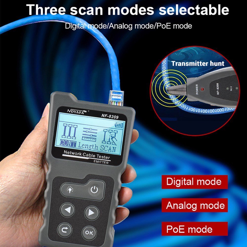 Multi-Functional LCD Network Cable & PoE Tester with Inline Voltage/Current Checker and Illuminated Wire Tracker