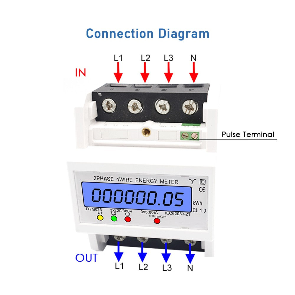 Digital 3 Phase 4 Wire Energy Meter 220/380V 5-80A kWh DIN Rail LCD Display