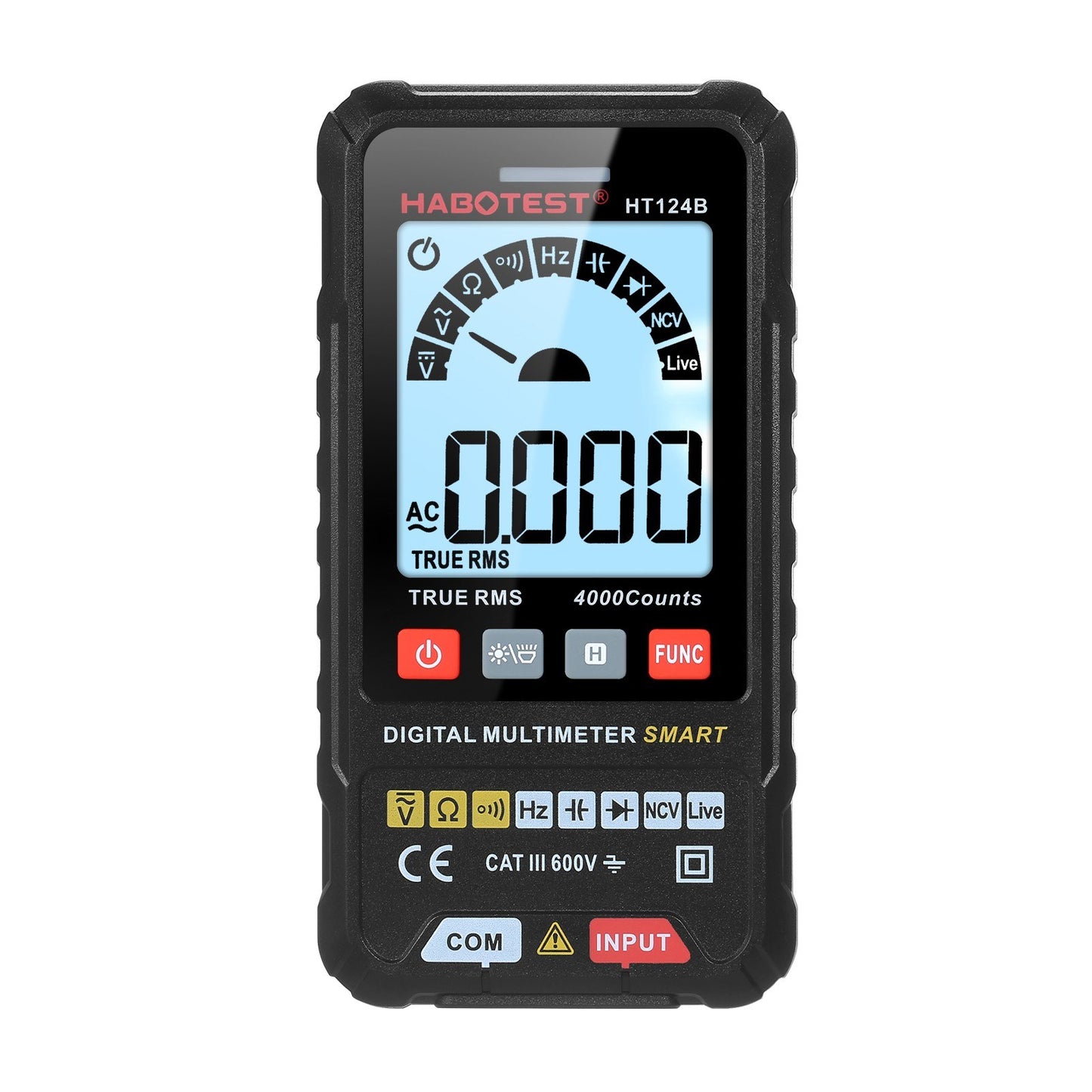 HABOTEST HT124A Smart Digital Multimeter, 4000 Counts True RMS, Auto Ranging, Backlit LCD, 600V AC/DC, LED Flashlight, Multifunction Tester