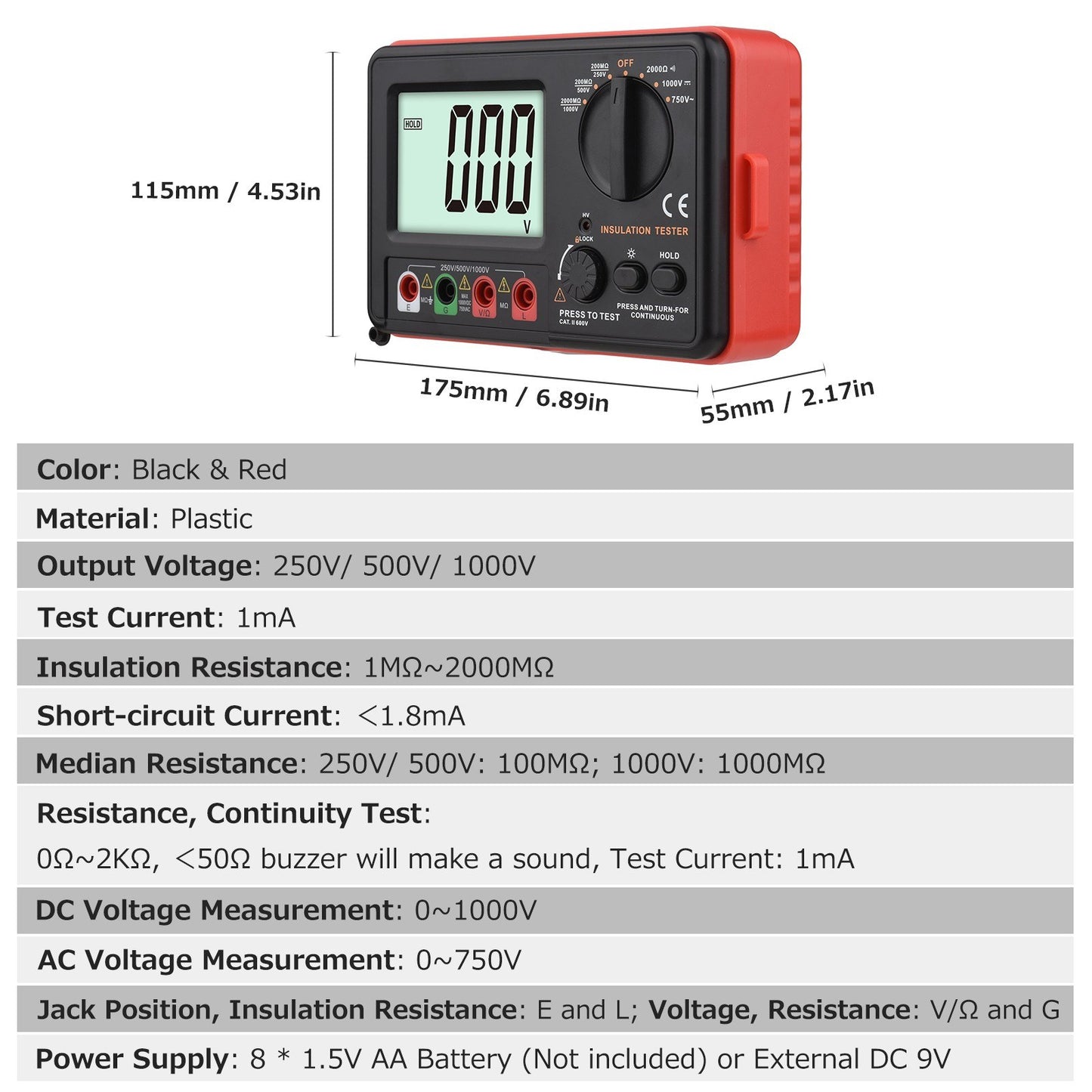 Multifunction Digital Insulation Resistance Tester 250V/500V/1000V with LCD Backlight, Protective Lid & Carry Bag