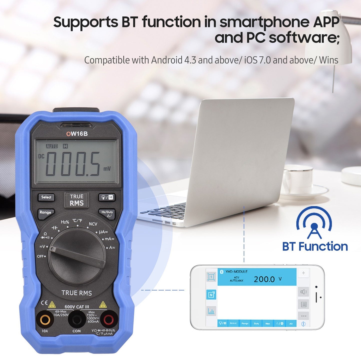 OWON OW16B Bluetooth Digital Multimeter 5999 Counts True RMS Auto-ranging Tester with Backlight, NCV, Temperature, Voltage, Current, Capacitance, Resistance, Frequency, Diode, Continuity