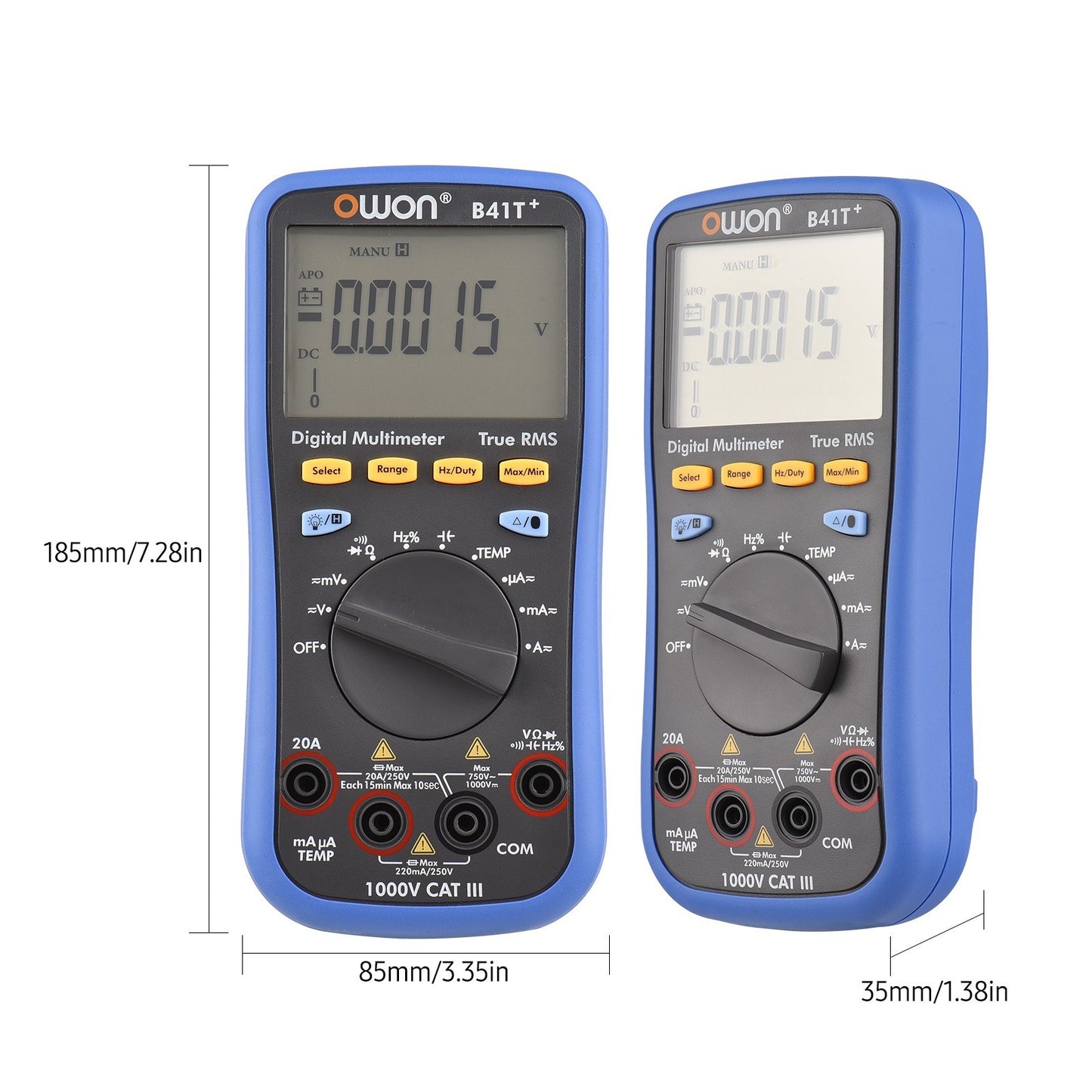 OWON B41T+ Digital Bluetooth Multimeter, 22000 Counts True RMS, Auto-ranging Electrical Tester with Backlit LCD, AC/DC Voltage & Current, Temperature, Continuity, Resistance, Frequency