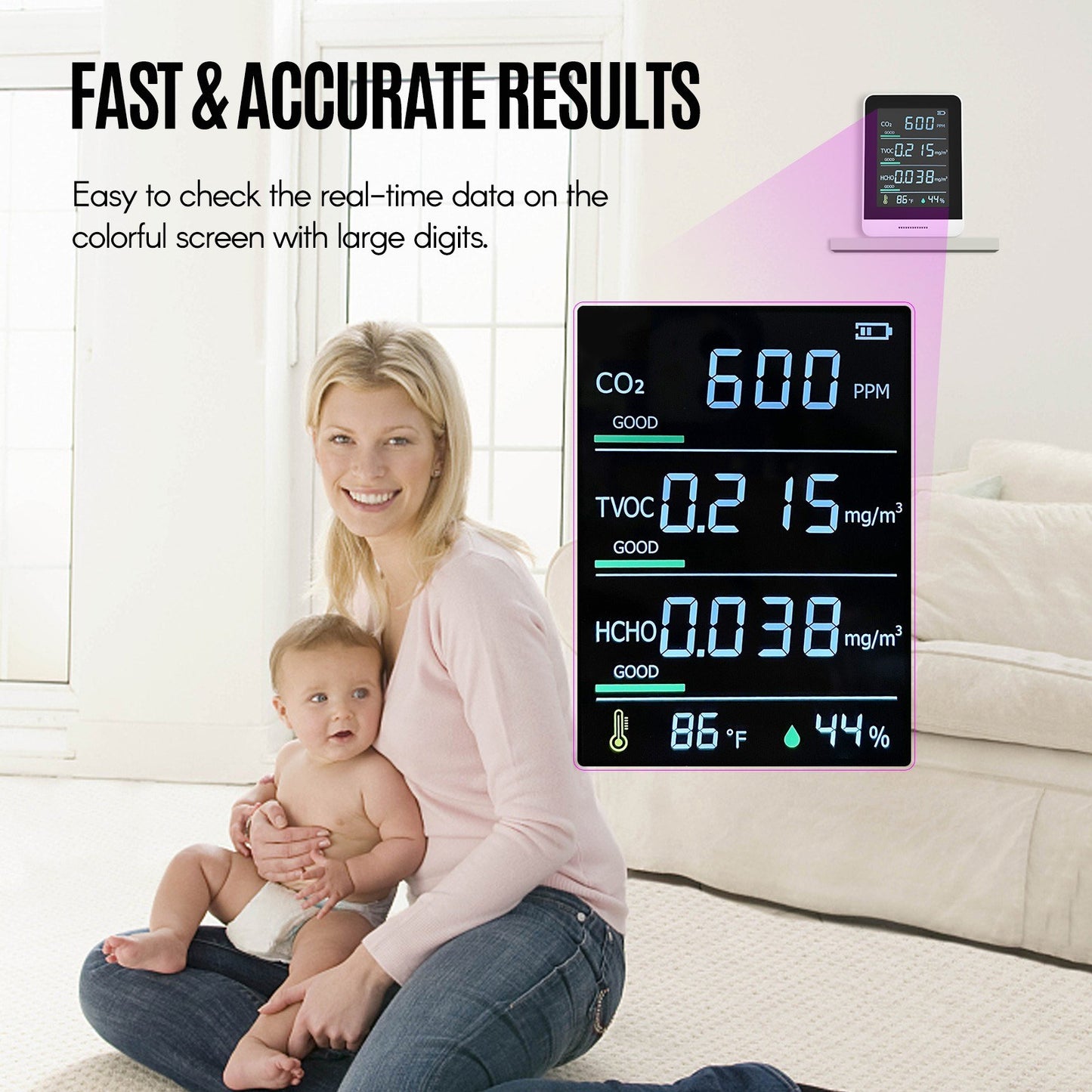 5-in-1 Air Quality Monitor & CO2 Detector - Accurate IR Tester for CO2, TVOC, HCHO, Temperature & Humidity with Real-Time Reading, Alarm & Comfort Level Display + Lanyard